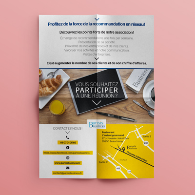 Flyer réalisé par Agoraprint pour l’organisation d’une réunion par l’association Parisis Business